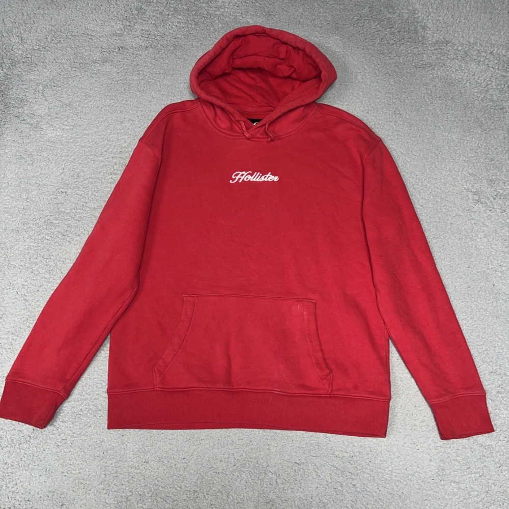 Hollister California Hoodie Men's L Red Fleece Embroider Logo Spell Out Pullover